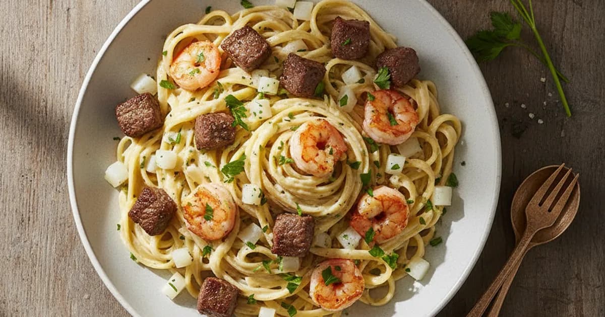 Surf & Turf Pasta mit Kohlrabi-Sahne-Sauce